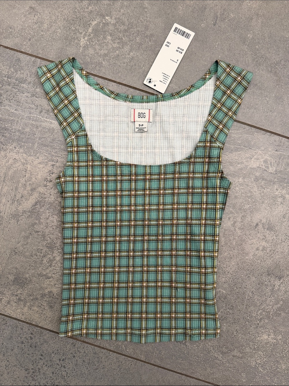 BDG Urban Outfitters UO Ribbed Square Neck Tank Top Cropped Green Plaid Check S